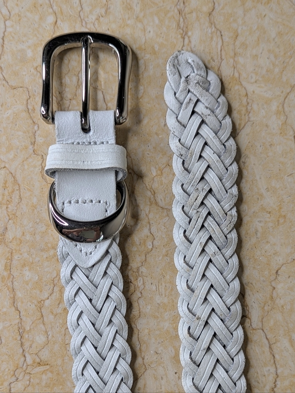 Vintage Genuine Leather White Woven Belt Silver Tone Buckle Size M/L - Picture 2 of 13